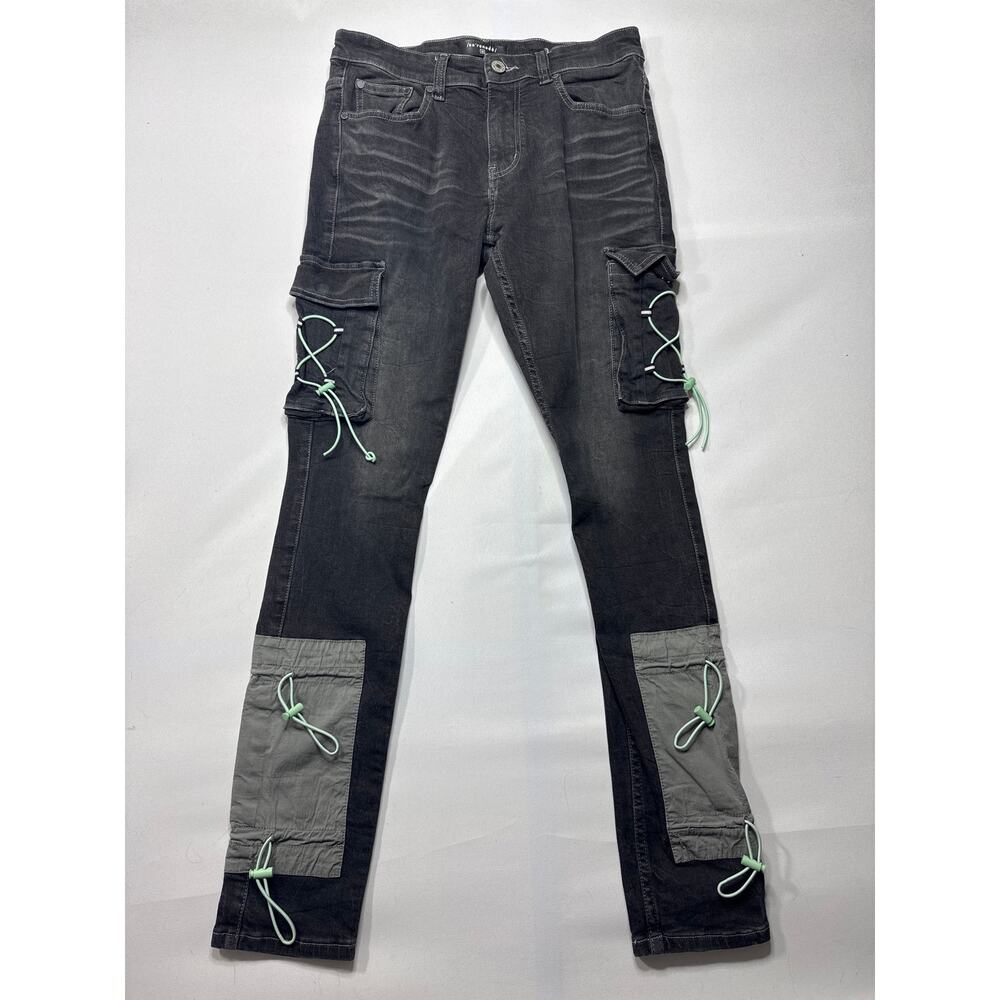 Serenede Men's Slim Fit Skinny Gray Cargo Bungee Cord Jeans - Size 32 (31x32)